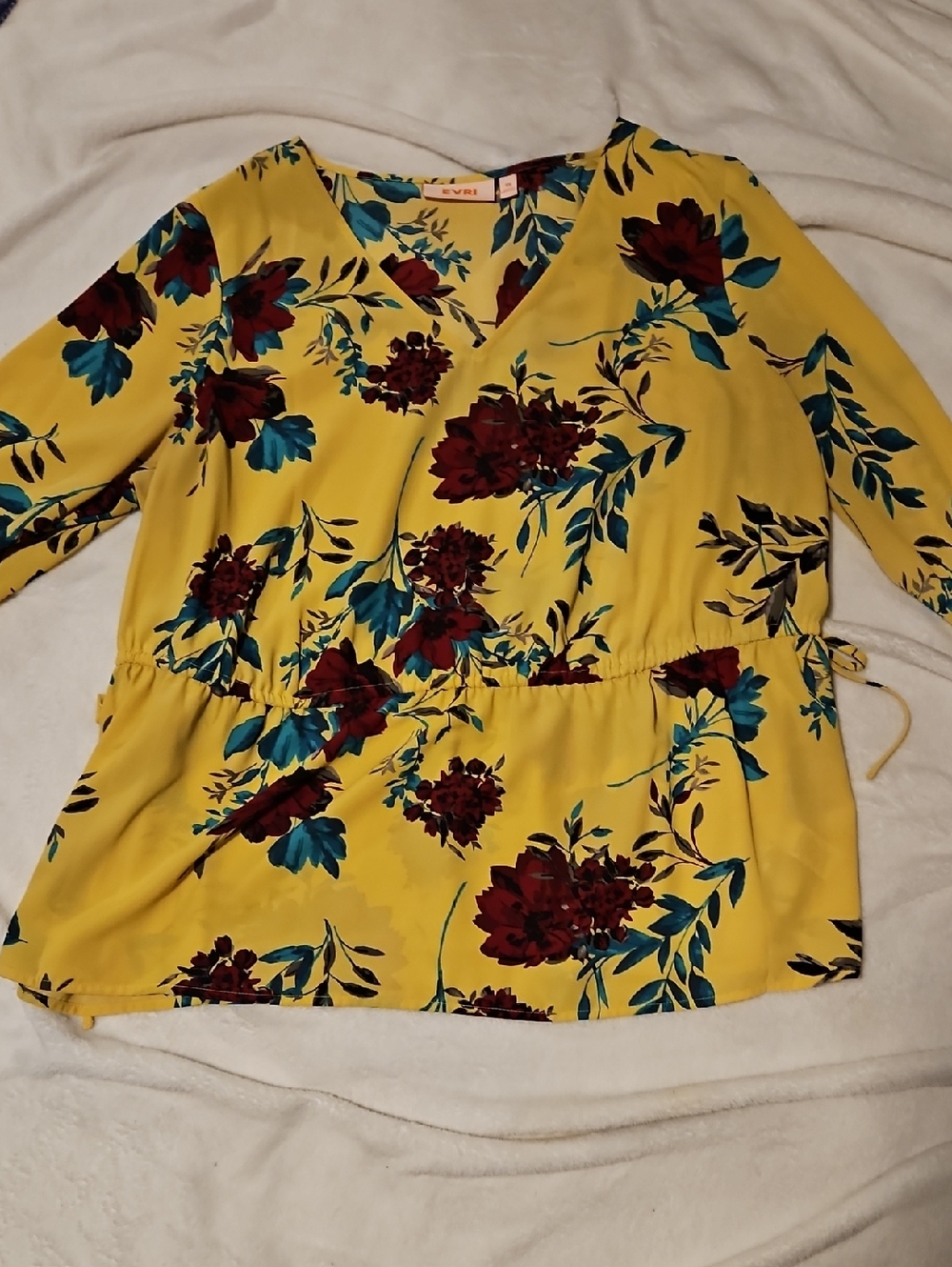 EVRI Yellow Floral V-Neck Blouse with Burgundy & Teal Accents